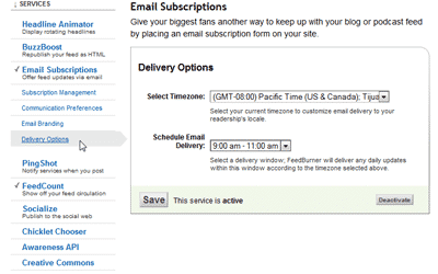 Feedburner: How do I change my delivery time?